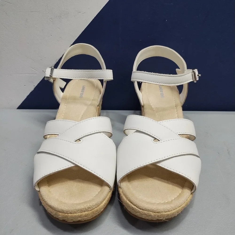 Lands' End Espadrille Wedge Sandals Womens US Size 9B White Ankle Buckle Strap